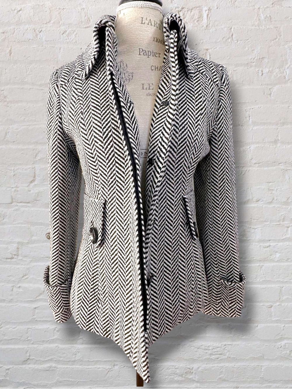 Nicole Benisti Point Zero Vintage Herringbone Asymmetric Coat Black White S